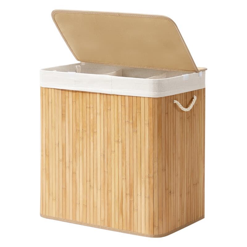 Ochama 150 L natuurlijke bamboe wasmand met deksel – 3 vakken, 61.5x42x61cm,opvouwbaar, inclusief uitneembare & machinewasbare binnenzak – ruimtebesparend voor slaapkamer of wasruimte