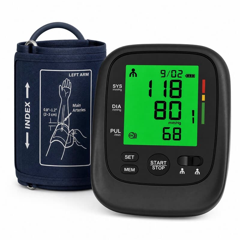 Treesmile FC-BP102 Bovenarm Bloeddrukmeter Zwart Voor Thuisgebruik 22-42 cm Brede Manchet WHO Gekleurde Streep 2x120 Geheugen Dubbele Foutwaarschuwing Senior Gezondheidsmonitoring