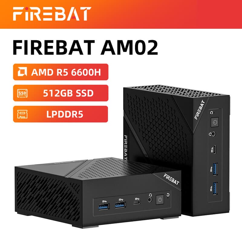Firebat Mini PC AM02L AMD 6600H, 16GB LPDDR5, 512GB M.2 NVMe, Windows 11 Home voorgeactiveerd, 4K-display HDMI 2.1/DP 1.4, WiFi 6+2,5G Ethernet, Bluetooth 5.2 - compacte pc voor gaming (LOL/CS2) en dagelijks surfen/studie