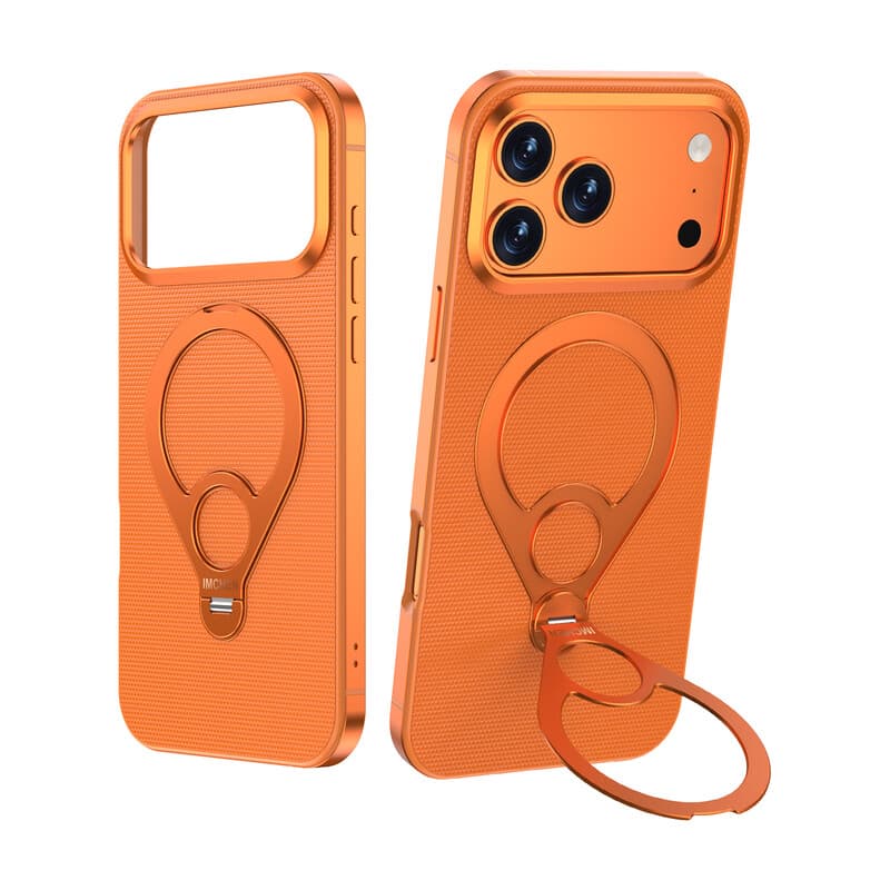 IM-CHEN iPhone 17 Pro Max Case, frame van legering, 360° draaibare metalen standaard, premium leren ringhouder, valbescherming, oranje