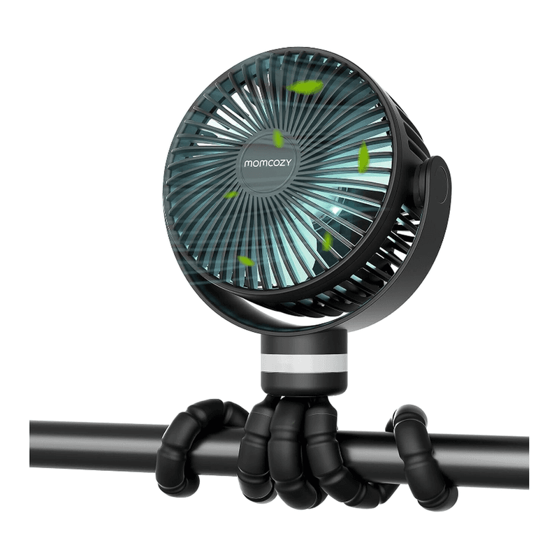 Momcozy draagbare kinderwagenventilator, 8000 mAh accu, 27 uur gebruik, afneembaar, 4 snelheden, 360° draaibaar, LED-verlichting, USB-oplaadbaar, zwart, 1 stuk