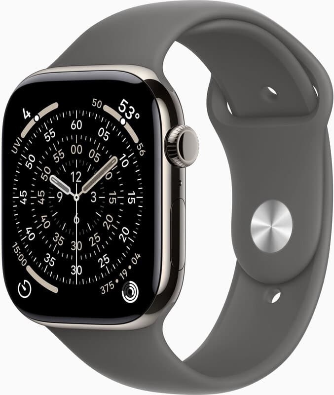 Apple Watch Series 11 GPS + Mobiele connectiviteit 42 mm - Behuizing van natuurlijk titanium met steengrijze sportband - M/L