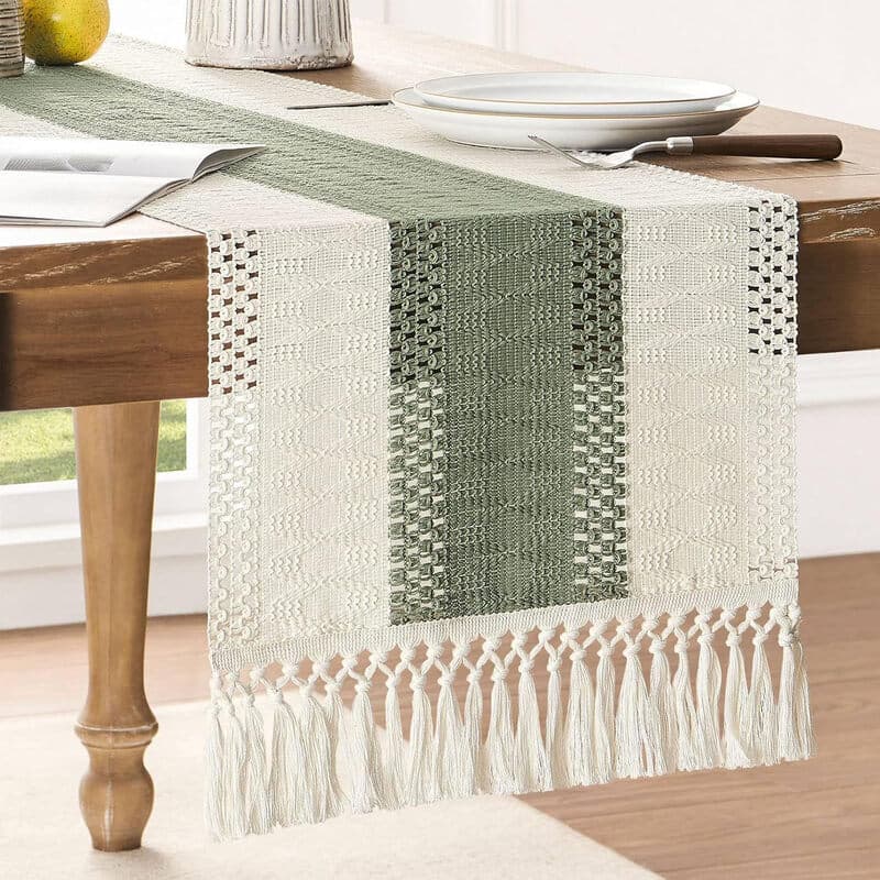 Home style boho tafelloper, set van 5 stuks (tafelrunner en placemat), rustieke decoratie voor tafel en keuken, kleine boho macramé geweven tafelloper voor bijzettafel, geschikt voor ladekast, sjaal en woondecoratie, 12 x 72 inch (30 x 183 cm) 1,125 x 16