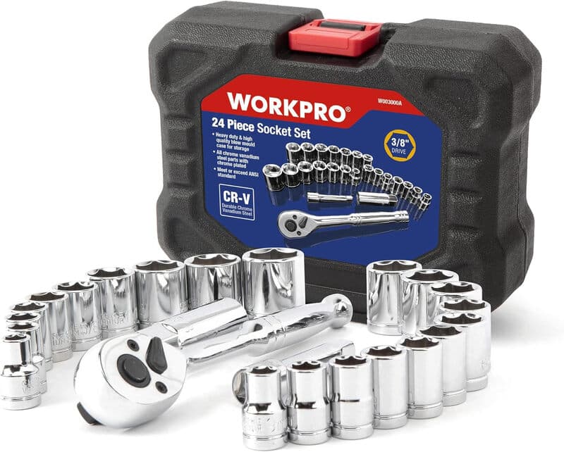 WORKPRO 24-delig Steeksleutelset 3/8" Ratel 11 Metrisch 10 SAE Verlengstuk Bougiedop Koffer