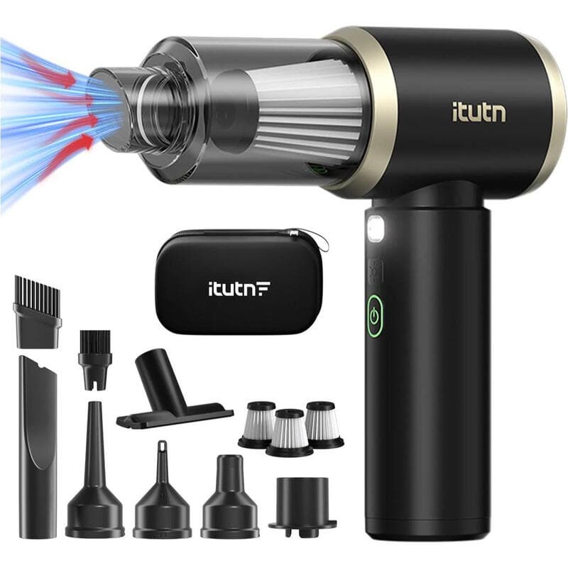 itutn Draagbare draadloze autostofzuiger, handstofzuiger en luchtblazer met 18000PA sterke zuigkracht, 6000mAh, 100W hoog vermogen, meerdere mondstukken & LED-licht, voor thuis, auto, kantoor, huisdieren