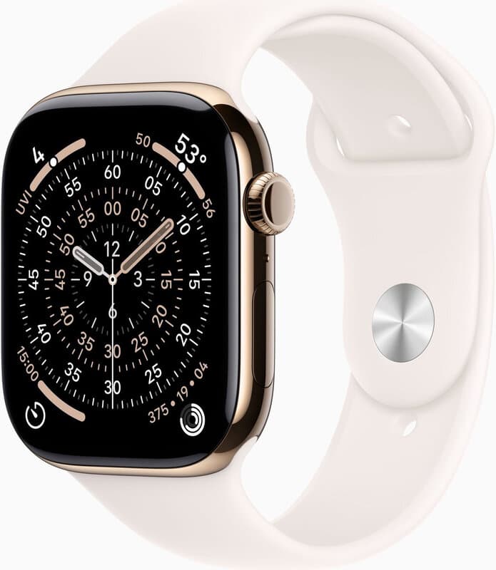Apple Watch Series 11 GPS + mobiele connectiviteit 46 mm– gouden titanium kast met lichtroze sportband – M/L