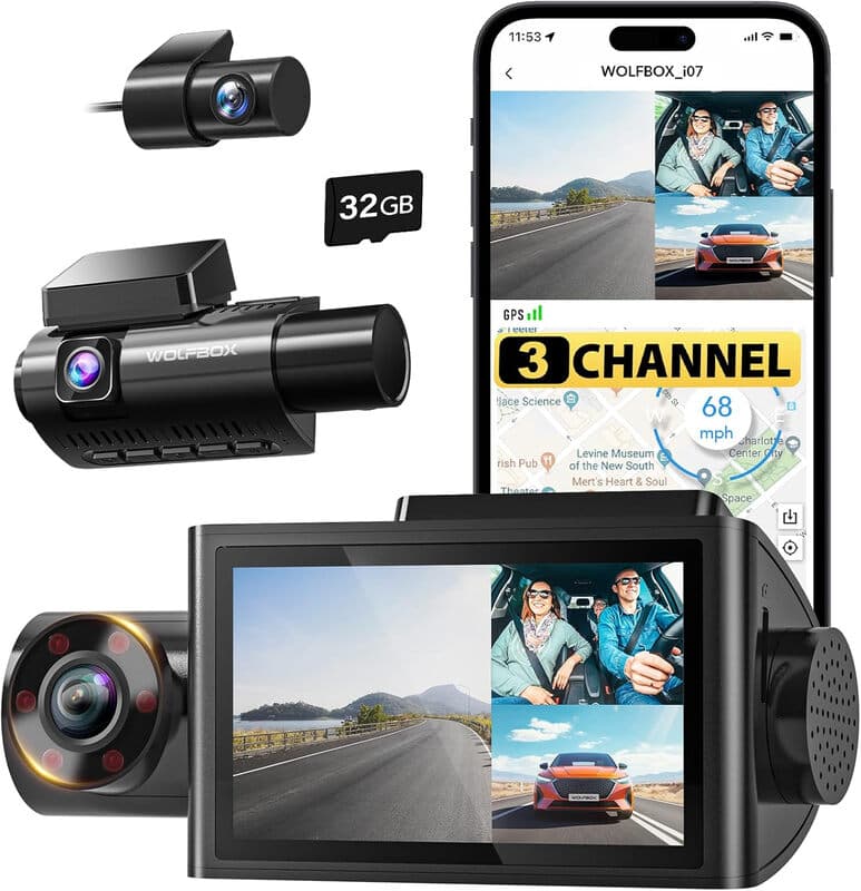 WOLFBOX i07 3-kanaals dashcam met ingebouwde wifi en GPS, 4K-dashcamera voor de voor- en binnenkant, 1440P+1080P+1080P drievoudige autokamera met 3-inch LCD-scherm, 32GB-kaart inbegrepen, IR-nachtzicht