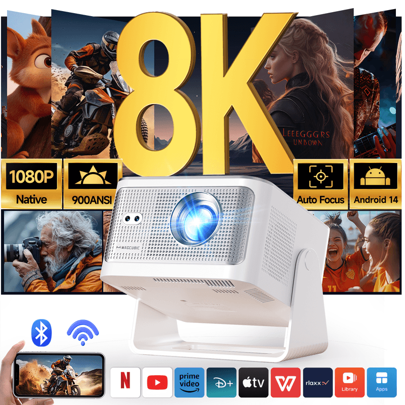 Magcubic Slimme Projector, 8K-ondersteuning, native 1080p Full HD, 900 ANSI lumen, Android 14, 5G WiFi 6, Bluetooth 5.4, 180° rotatie & automatische keystone-correctie, draagbare projector voor thuisbioscoop, slaapkamer en buiten, compatibel met HDMI/USB/