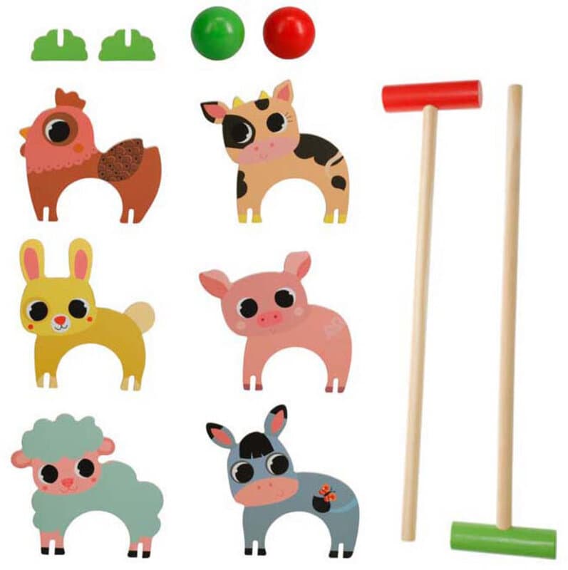 Houten boerderij dieren croquetspel speelgoed set voor kinderen.