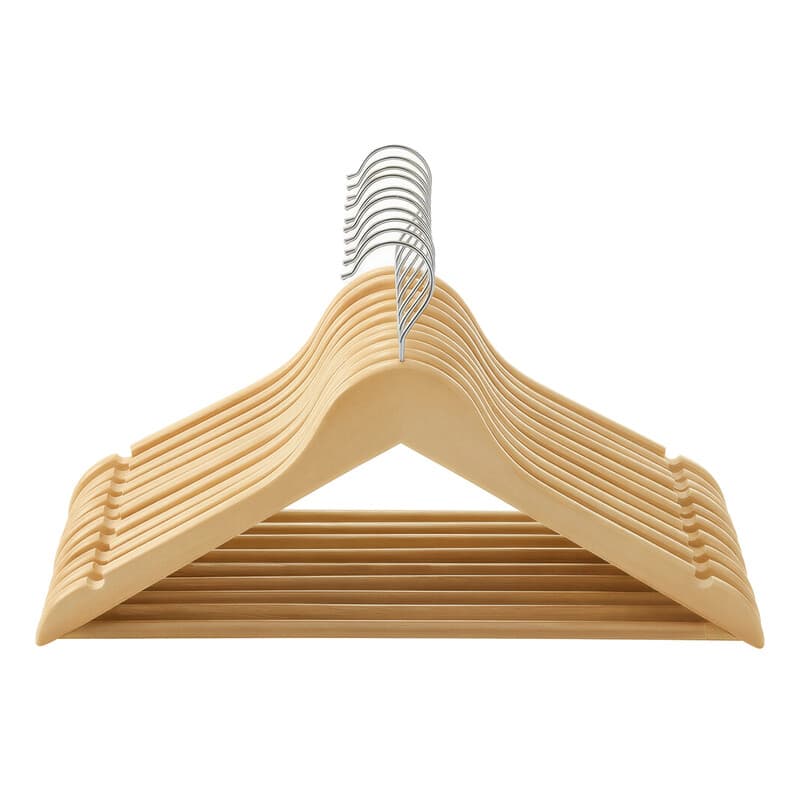 Ochama Set van 10 natuurlijke houten kleerhangers –44.5x23x1.2cm Schouderinkepingen tegen wegglijden, 360° zilveren draaibare haak – perfect voor pakken, overhemden & jassen