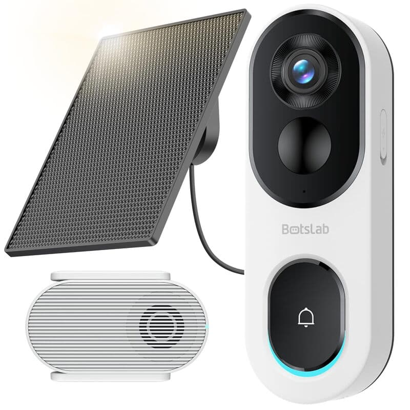 Botslab op zonne-energie deurbelcamera draadloos, geen abonnement vereist, 2K videodeurbel met hoofd-tot-voet weergave, pakketdetectie, mensdetectie, 2-weg audio, eenvoudige installatie, alleen 2,4 GHz wifi