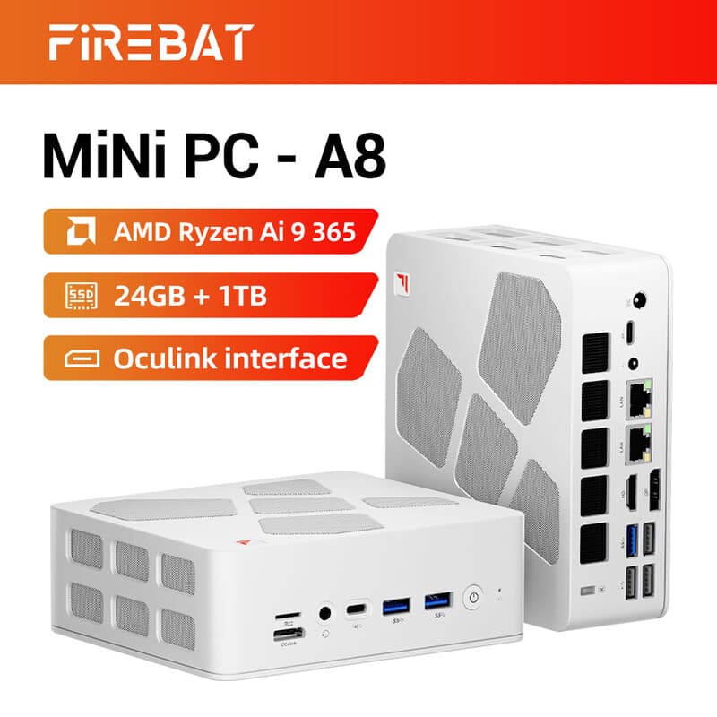 FIREBAT A8 Mini-pc: AMD Ryzen AI 9 365 (10-core/20-threads) 24 GB DDR5 RAM, 1 TB PCIe 4.0 SSD, Radeon 880M grafische kaart, ondersteunt 4K quad-display, dubbele 2,5G Ethernet/USB4/HDMI 2.1/Oculink | Wi-Fi 6E/Bluetooth 5.2, een compacte, stille gaming-desk