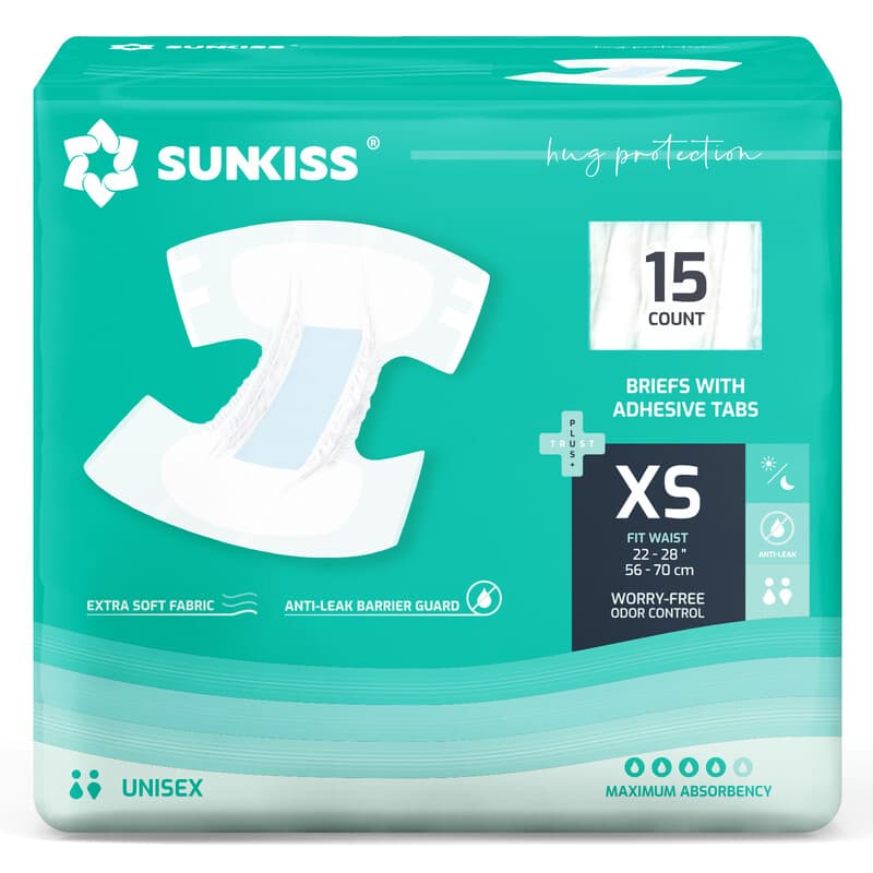 SUNKISS Luiers voor volwassenen met maximaal absorptievermogen, wegwerpluiers voor volwassenen voor mannen en vrouwen, geurbeheersing, comfortabel, XS, 15 stuks