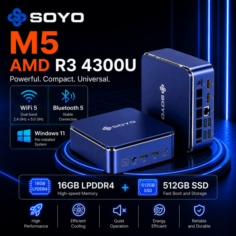 SOYO M5 Mini-pc AMD Ryzen 4300U W-11 Pro (4C/4T, tot 3,7 GHz) 16 GB LPDDR4/512 GB SSD, desktop-pc 4K @ 60 Hz, drievoudig beeldscherm (HDMI 2.0 + Type-C + DP 1.4)/Wi-Fi 5/Bluetooth 4.2/LAN voor kantoor, educatie en multimedia
