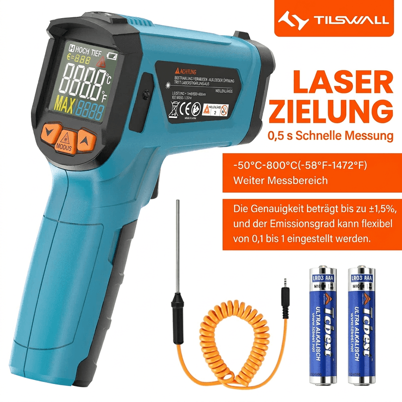 TILSWALL Infraroodthermometer (niet voor mensen) -50°C tot 800°C TILSWALL IR digitale lasertemperatuurmeter met LCD-scherm voor koken/barbecue/pizzaoven/vriezer/industrie