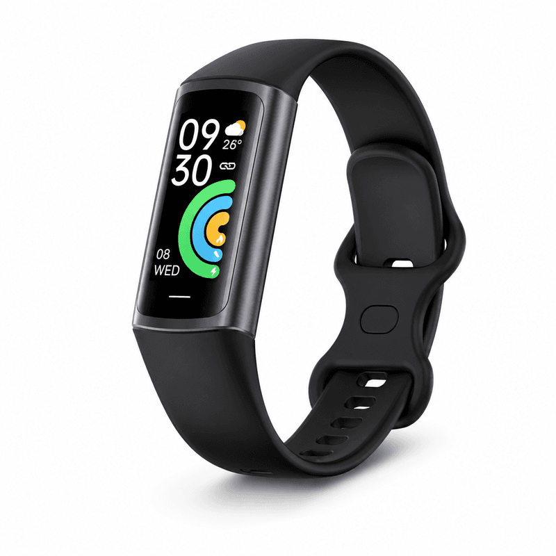 VoxorAI GTL2: Zwarte smartwatch met touchscreen. Geschikt voor zowel mannen als vrouwen. Met functies voor het meten van hartslag, slaappatronen, bloeddruk, bloedzuurstofgehalte en lichaamstemperatuur. Waterdicht tot IP67-niveau. Standby-tijd van 30 dagen