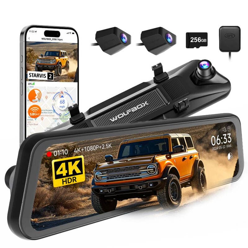 WOLFBOX G900 Tripro Bumper Versie 3-kanaals 4K spiegel-dashcam, 8 MP STARVIS 2 IMX678 nachtzicht, 4K+2.5K+1080P voor- en achterbumper-dashcam, 5.8 GHz wifi, spraakbesturing, inclusief 256 GB SD-kaart & GPS