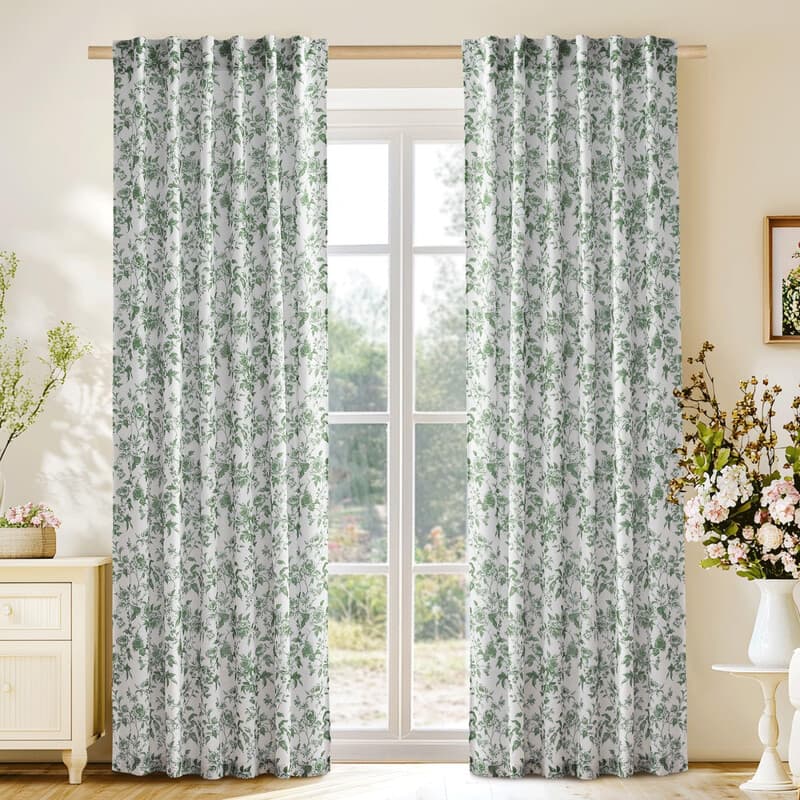 PONY DANCE Bloemige gordijnen voor de woonkamer, linnenmix transparante draperieën met organische botanische pioenenprint, lichtdoorlatende privacy en natuur geïnspireerde moderne woondecoratie, 2 panelen, B132 x L245 cm, saliegroen