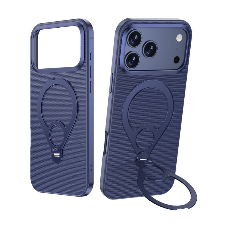 IM-CHEN iPhone 17 Pro Max Case, frame van legering, 360° draaibare metalen standaard, premium leren ringhouder, valbescherming, blauw