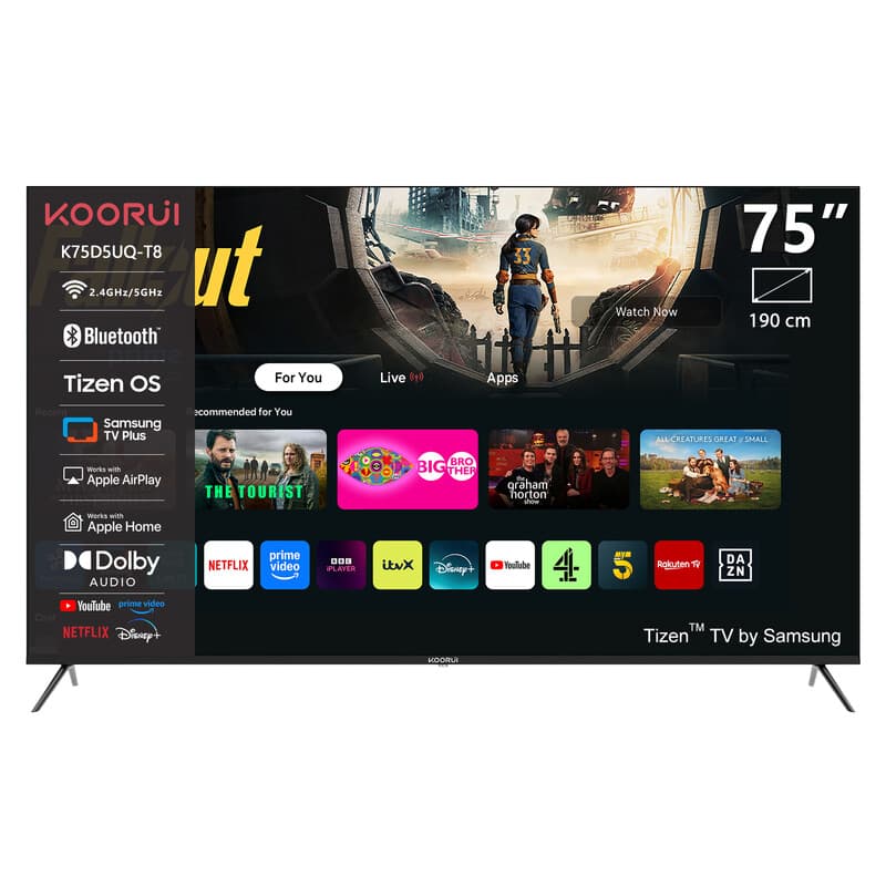 Koorui Tizen by Samsung Smart TV - QLED 4K Ultra HD - 75 inch/191 cm - Voice Controle - Streaming apps – AirPlay – Hotelmodus - HDMI x3, USB x2, CI+ - Tripple Tuner DVB-T/T2/S/S2/C - Frameless Design - Geassembleerd in Eindhoven - K75D5UQ-T8