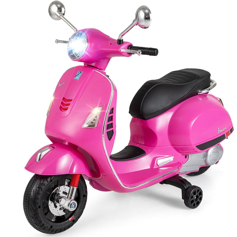 Gelicentieerde 12V Vespa elektrische kinderstep, quad, met muziek, claxon, verhaaltjes en steunwielen, geschikt voor 3-6 jaar, roze