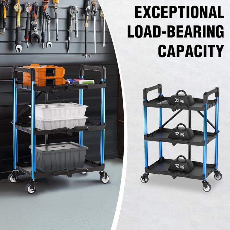 WORKPRO 3-laags opvouwbare serveerwagen met wielen | 96 kg draagvermogen, draagbare multifunctionele wagen, montage niet nodig, garage, magazijn, thuis, restaurant, kantoor, gereedschapswagen