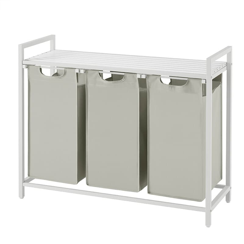 Ochama Wasmand, 3-vaks Wasverzamelaar, Uittrekbare en Verwijderbare Binnenzakken, Kleding Sorter, Metalen Frame, 3 x 40 L, 92.5 x 33 x 72 cm, Crèmewit en Matwit