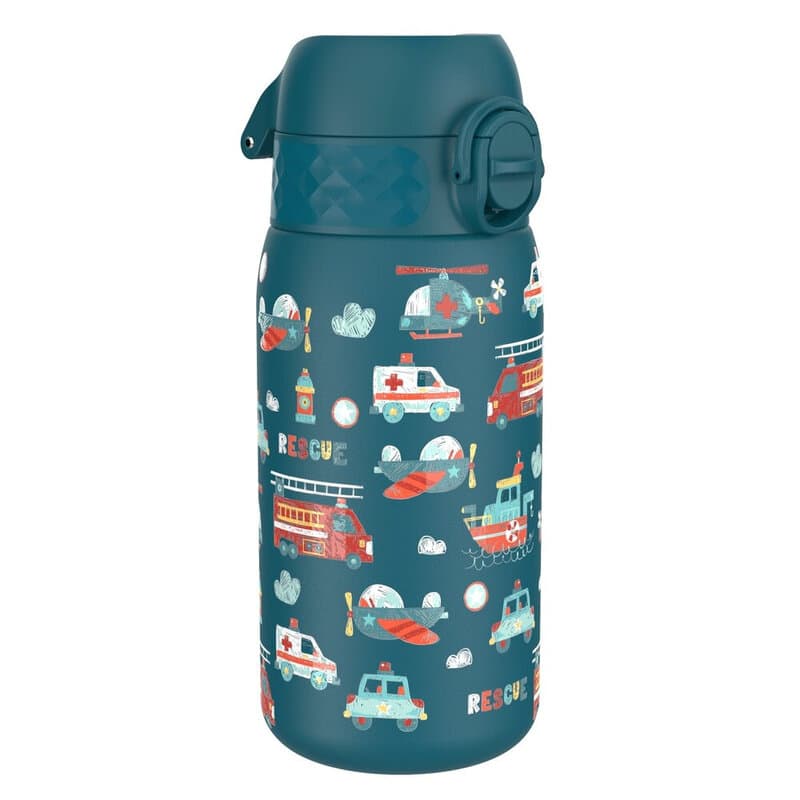 ION8 lichtgewicht waterfles van staal voor kinderen, 400 ml/13 oz, niet geïsoleerd, lekvrij, eenvoudig te openen, veilige vergrendeling, vaatwasserbestendig, past in bekerhouders, draaggreep, metalen waterfles, zeegroen, reddingsvoertuigen