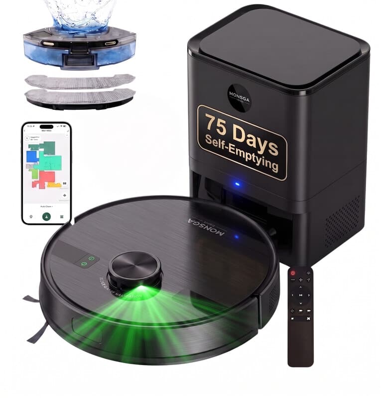 MONSGA MS1 X robotstofzuiger met dweilfunctie, 9000 Pa zuigkracht met 3,5 L zelflegend station, robotstofzuiger met LiDAR-navigatie, 180 minuten gebruiksduur, app-/afstandsbediening/-spraakbesturing, voor harde vloeren en tapijten