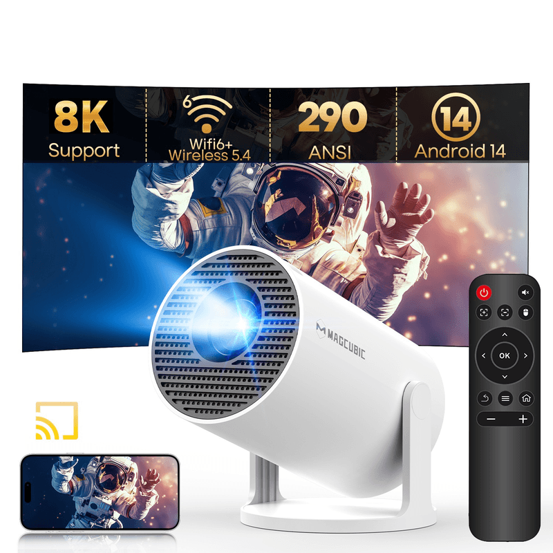 【Lite Entertainment】Magcubic slimme projector, ondersteunt 8K, native 720p HD, 290 ANSI lumen, Android 14, 5G WiFi 6, Bluetooth 5.4, 180° rotatie & automatische keystone, draagbare projector voor thuisbioscoop, slaapkamer en buiten, compatibel met HDMI/US
