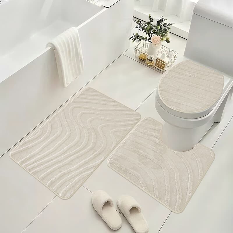 3-delige badkamermattenset met badmat, contourmat en toiletdekselhoes, machinewasbaar, superzacht microvezel en antislip badmatten met rubberen achterkant, beige landschapspatroon