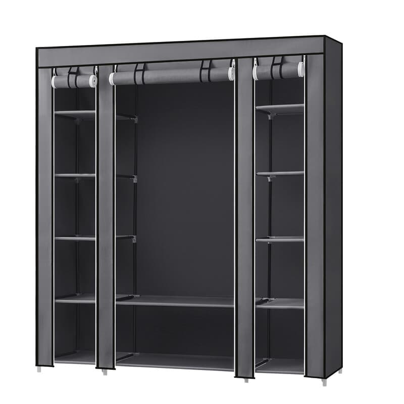 Ochama grijze draagbare stoffen kledingkast – metalen frame, 45 x 150 x 175 cm, 12 opbergvakken, kledingstang met niet-geweven hoes – ruimtebesparende opberger voor de slaapkamer