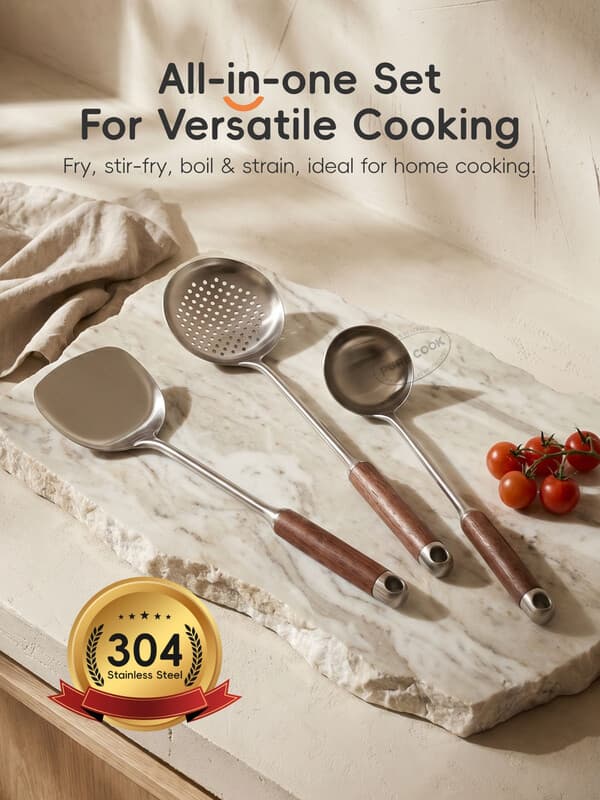 PURECOOK Spatel- en Pollepelserie | 304 | Houten Handvat | 3-delige Spatel- en Pollepelset