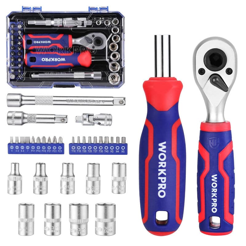 WORKPRO 34-delig 1/4-inch dopsleutelset, ratelset met bitdopsleutelset, moersleutelset en verlengbuis, voor doe-het-zelf, autoreparatie en dagelijks onderhoud, met gereedschapskoffer