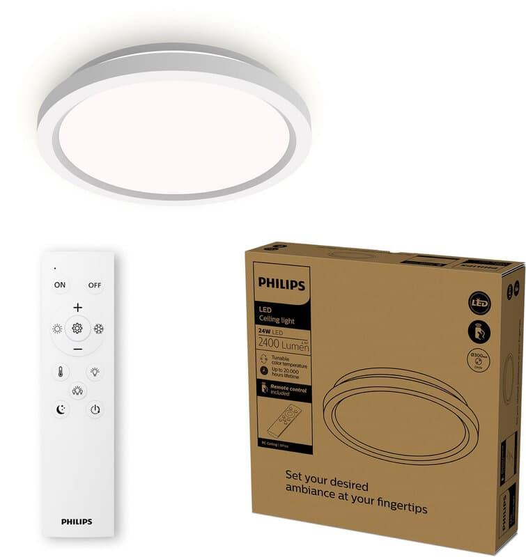 Philips All-In-One Plafondlamp - Met Afstandsbediening - 24W - LED-verlichting - Warm- tot Koelwit licht; 2700K tot 6500K - 30 cm - Wit - Rond