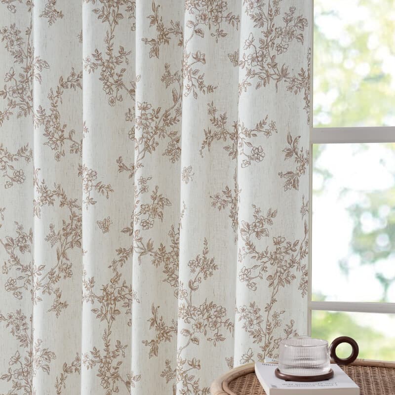 PONY DANCE Bloemgordijnen voor woonkamer, halftransparante linnen vitrage met botanische rankprint, achterlussen en roedezak, natuur geïnspireerde woondecoratie, 2 panelen, B132 x L220 cm, taupe