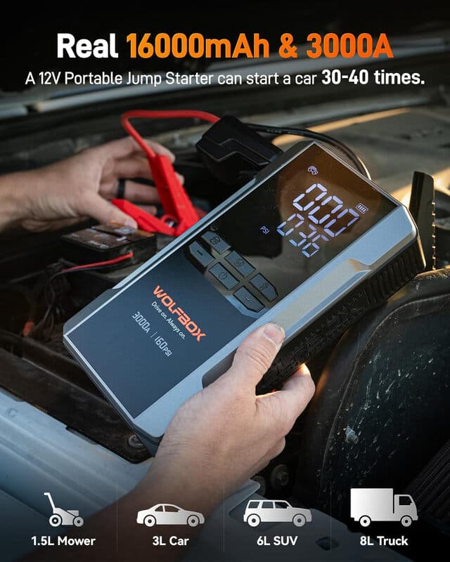 WOLFBOX 3000A jumpstarter met luchtcompressor, 59,2 Wh & 160 PSI draagbare auto-accu jumpstarter met 65 W snelladen, 12V accupack (geschikt voor 8L gas- en 6L dieselmotoren), met boost, licht en startkabels