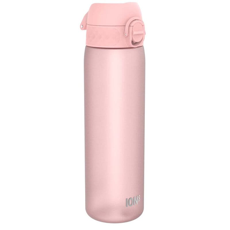ION8 waterfles, 500 ml/18 oz, lekvrij, eenvoudig te openen, veilige vergrendeling, vaatwasserbestendig, BPA-vrij, hygiënische flip-dop, draaggreep, past in bekerhouders, eenvoudig te reinigen, CO₂-neutraal, roze-rosa