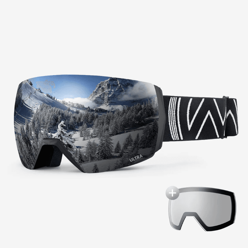 OutdoorMaster ULTRA ski- en snowboardbril + lenzenset voor dames en heren - zwart frame, grijze lens met zilveren + heldere lens