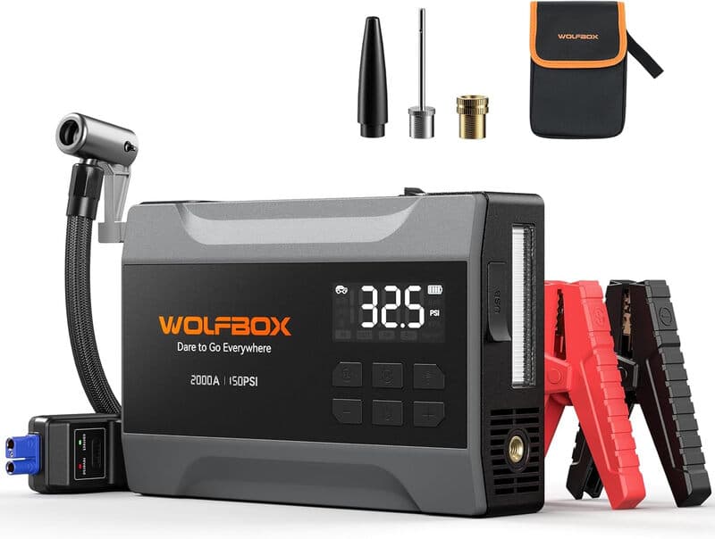 WOLFBOX 2000A draagbare startbox voor auto met 37 Wh accu, luchtcompressor en 150 PSI bandenpomp, 12V startkabels, Boost en LED-verlichting (tot 5 L benzinemotor)