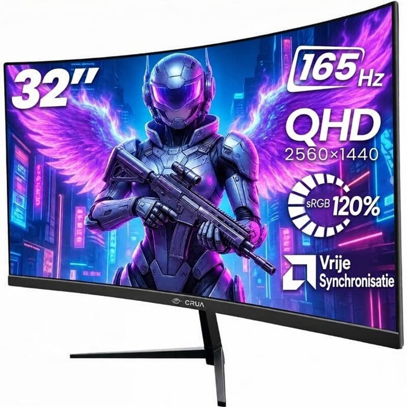 CRUA 32-inch randloze 1500R curved gamingmonitor | 2K QHD (2560×1440) 165Hz, Adaptive Sync, 100% sRGB-kleurweergave, 178° brede kijkhoek, HDMI/DisplayPort, VESA 100×100mm-bevestiging, Flicker-Free Low Blue Light, Geschikt voor EU/UK thuiswerkplekken, cons