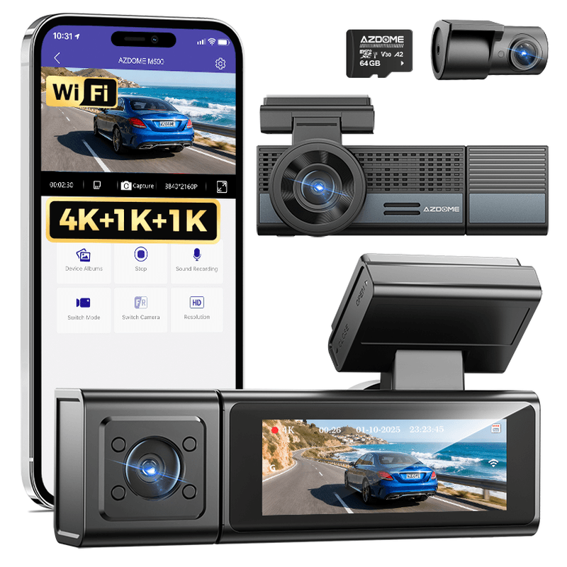 AZDOME M500-3CH 3-Kanal-Dashcam mit Dreifachobjektiv, WLAN, 4K+1K+1K, integrierter 64-GB-Speicherkarte, Nachtsicht und GPS-Tracker