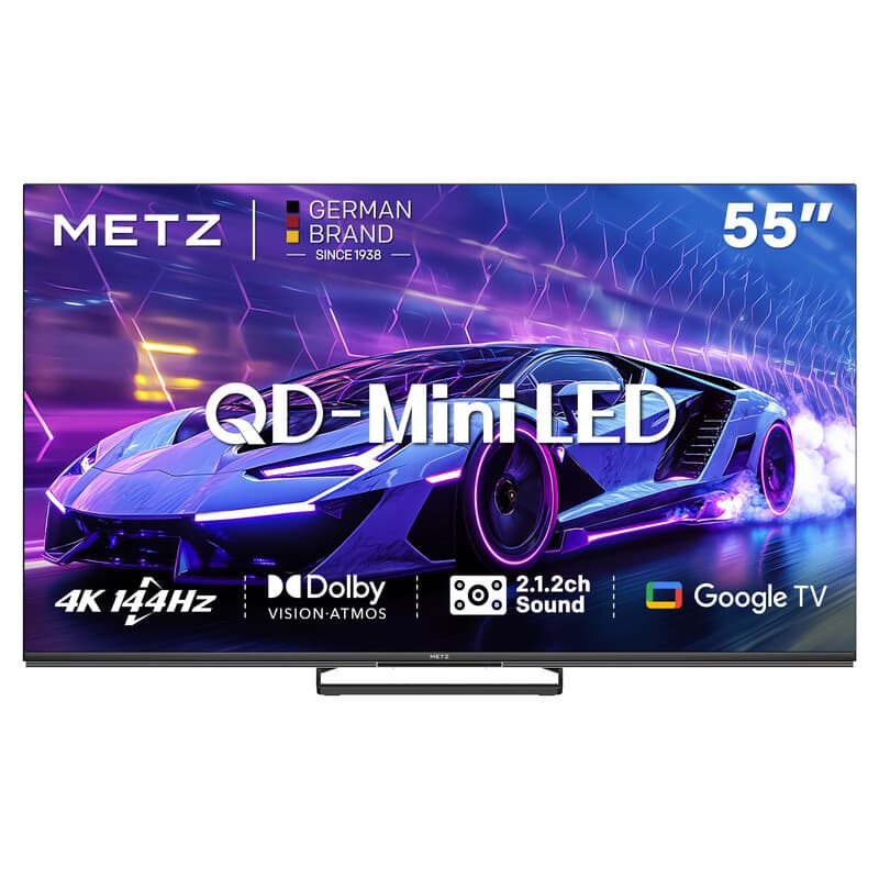METZ 55 Inch (140cm) QD-Mini LED Google TV, 55MNE8000Z, 144Hz, 4K HDR 10+, 2.1.2-kanaals Geluidssysteem, Dolby Vision Atmos, Game Mode, Sports Mode met ALLM, VRR, MEMC, Oogzorg, Laag Blauw Licht & Flikkervrij, Google Cast, Spraakbesturing