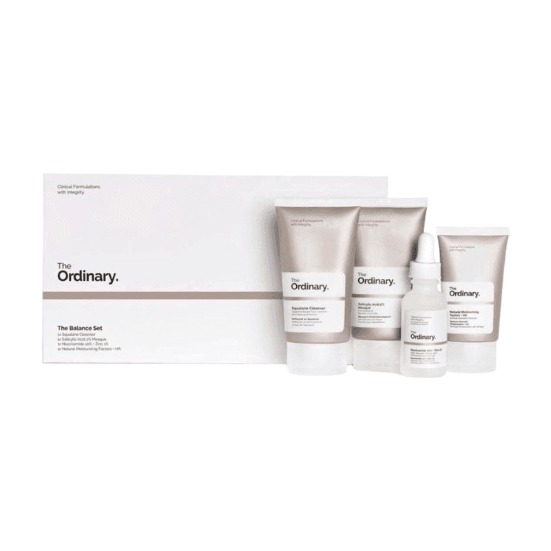 The Ordinary The Balance Set 4 stuks (squalaan reiniger 50 ml/salicylzuur 2% masker 50 ml/niacinamide 10% + zink 1% 30 ml/natuurlijke hydraterende factoren + HA 30 ml)