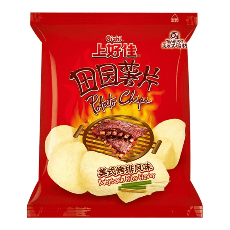 Oishi boerderijstijl aardappelchips Amerikaanse BBQ-ribben-smaak 50 g