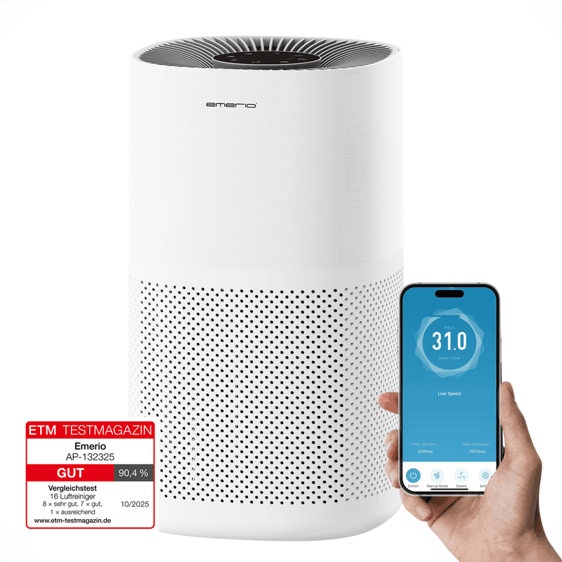 Emerio Luchtreiniger - 45 m² - 50dB - HEPA 13 + Koolstof Filter - met App - Nachtmodus - Ionisatie Functie - Luchtkwalititeitsindicator - Helpt Tegen Allergie & Hooikoorts - Timer Functie - AP-132325 Wit