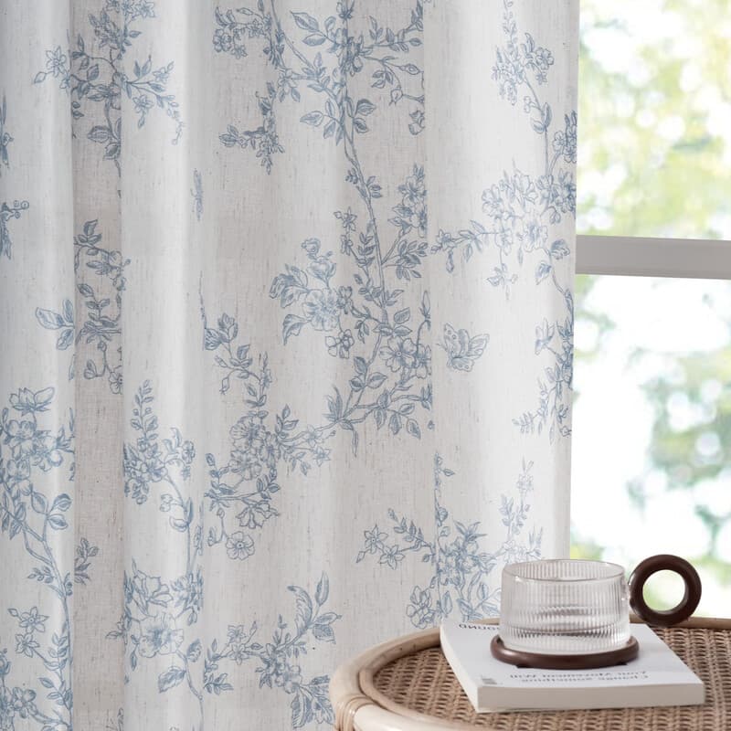 PONY DANCE Bloemgordijnen voor de woonkamer, halfdoorzichtige linnen gordijnen met botanische wijnrankprint, met lussen en roedezak, natuur geïnspireerde woondecoratie, 2 panelen, B132 x L220 cm, blauw