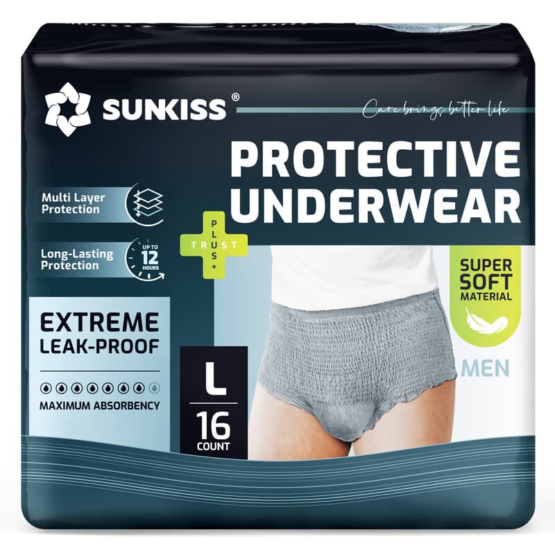 SUNKISS Incontinentie broek voor heren, overdag wegwerp luierbroek voor volwassenen, luiers met maximaal absorptievermogen, grijs, maat L, 16 stuks, 1 stuks