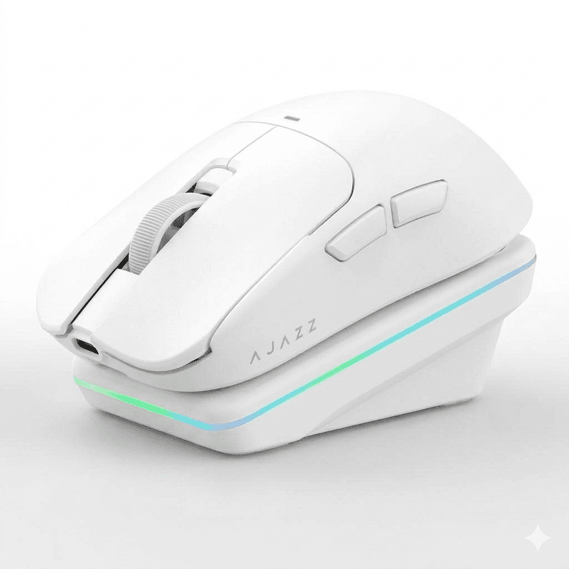 AJAZZ AJ200 AI MC Draadloze Gaming Muis met Oplaadstation, AI Assistent, 24000 DPI PAW3311 Sensor, Tri-Mode BT/2,4 G/USB-C, 63 g Lichtgewicht Ergonomisch voor PC Gaming Kantoor, voor CS2/Valorant/Apex Legend