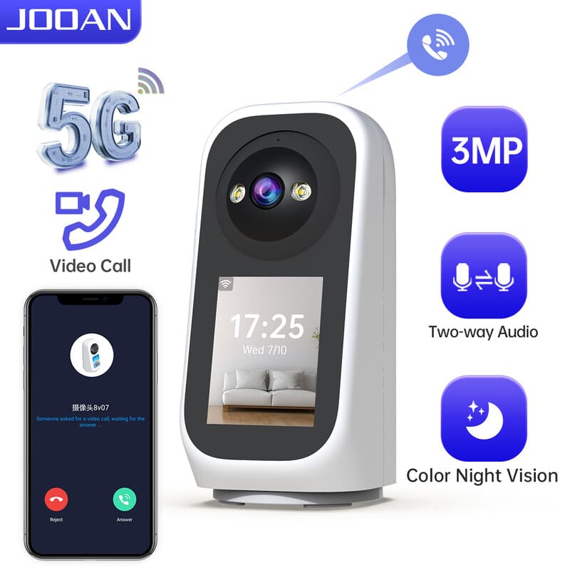 JOOAN 5G-wifi beveiligingscamera voor binnen met scherm, 2K, 360° PTZ, IP-camera voor thuis, geschikt voor baby en senior, SD-kaart en cloudopslag, bewegingsdetectie, autotrack, tweeweg-gesprek, kleurrijke nachtzicht